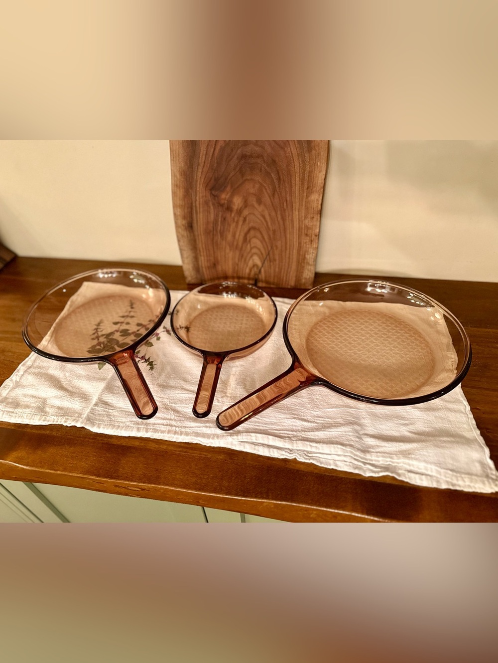 Vision Corning Vintage Amber Glass Skillet Pan Set 3pc 10" 9.5" 7" Waffle Bottom